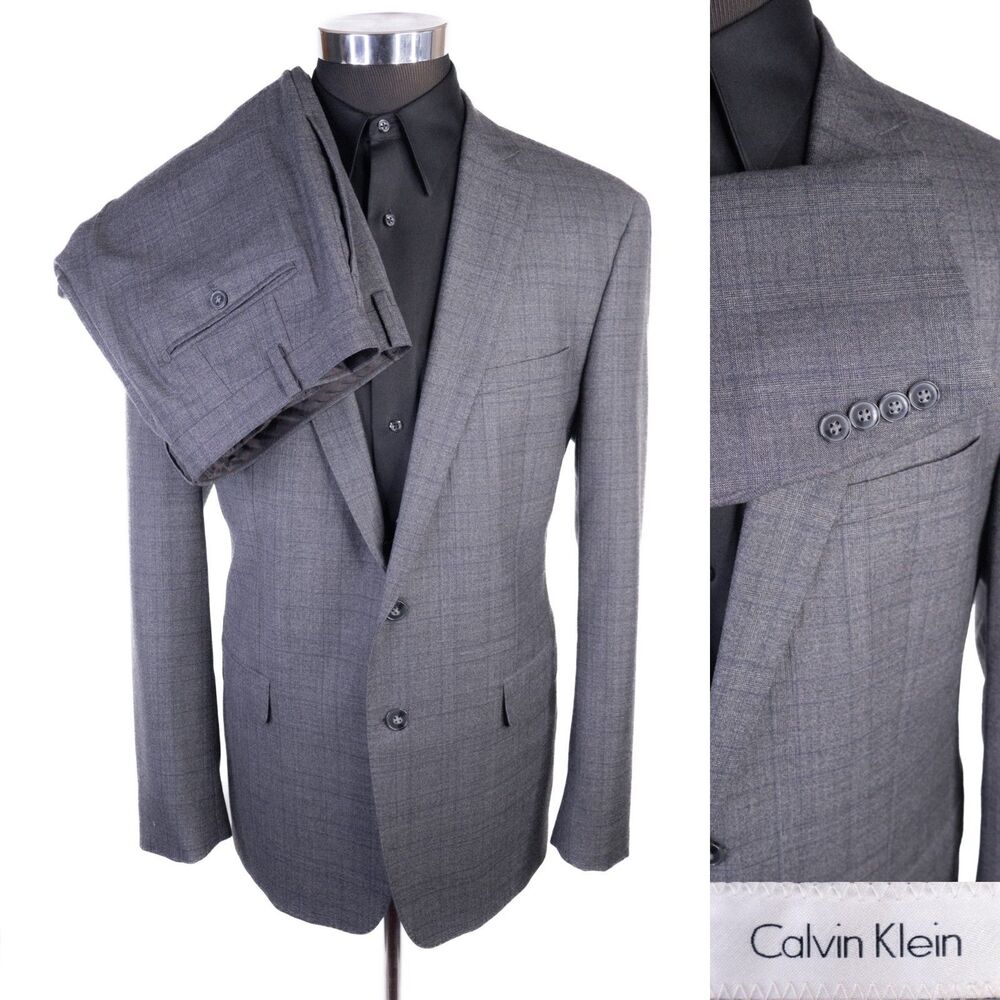 Calvin Klein SLIM Sz 2-Pcs Plaid Gray Suit Blazer Jacket Sz 46R Pants 37X30